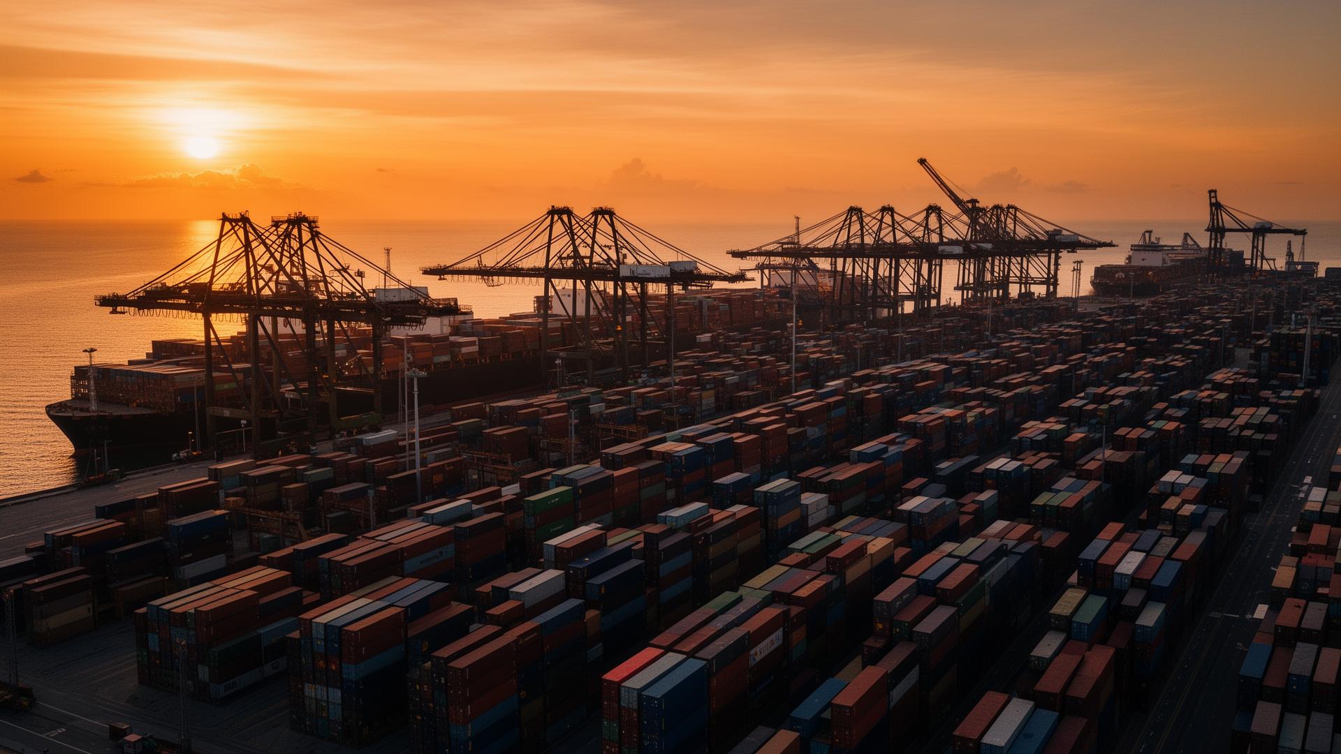 Container port at golden hour